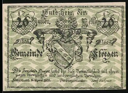 Notgeld Steegen 1920, 20 Heller, Wappenmotiv mit Adler und Schriftzug