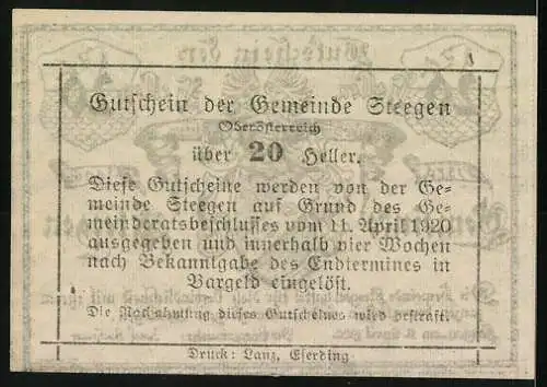 Notgeld Steegen 1920, 20 Heller, Wappenmotiv mit Adler und Schriftzug