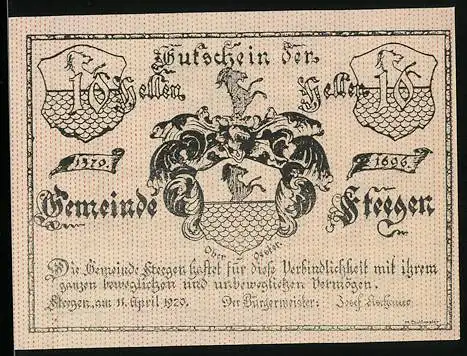 Notgeld Steegen 1920, 10 Heller, Wappenmotiv und Schriftzug der Gemeinde Steegen