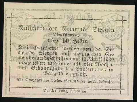 Notgeld Steegen 1920, 10 Heller, Wappenmotiv und Schriftzug der Gemeinde Steegen