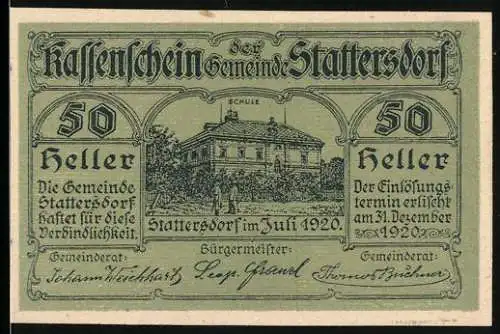 Notgeld Stattersdorf 1920, 50 Heller, Schulgebäude mit Landschaftsmotiv