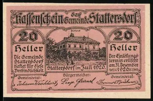 Notgeld Stattersdorf 1920, 20 Heller, Schulgebäude-Motiv, Gemeinderat und Bürgermeister erwähnt