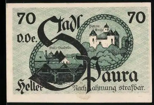 Notgeld Stadl-Paura 1920, 70 Heller, Stadtansicht und Kirche in grüner Landschaft