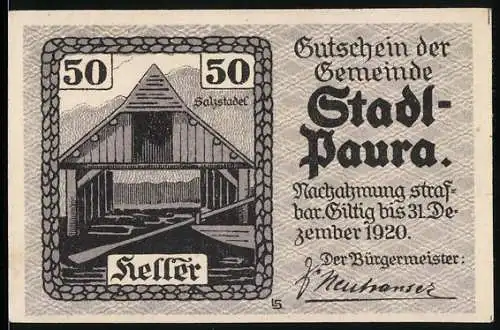 Notgeld Stadl-Paura 1920, 50 Heller, Salzstadel-Motiv