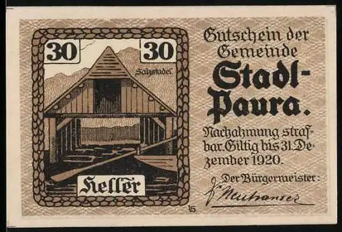 Notgeld Stadl-Paura 1920, 30 Heller, Salzstadel-Motiv