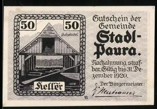 Notgeld Stadl-Paura 1920, 50 Heller, Salzstadl-Motiv, gültig bis 31. Dezember 1920