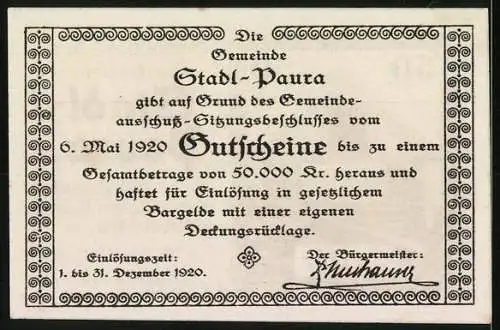 Notgeld Stadl-Paura 1920, 50 Heller, Salzstadl-Motiv, gültig bis 31. Dezember 1920