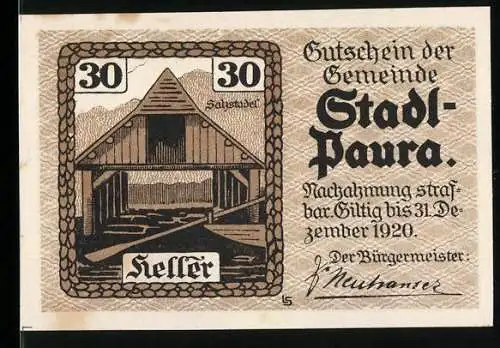 Notgeld Stadl-Paura 1920, 30 Heller, Darstellung eines Salzstadels