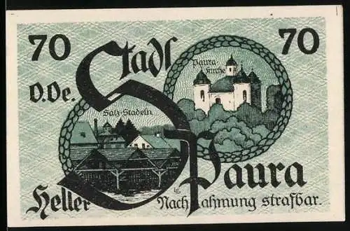 Notgeld Stadl-Paura 1920, 70 Heller, Stadtansicht und Kirche Paura