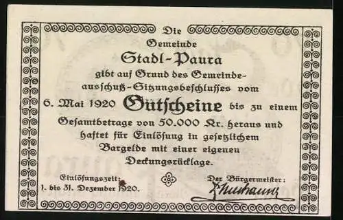 Notgeld Stadl-Paura 1920, 70 Heller, Stadtansicht und Kirche Paura