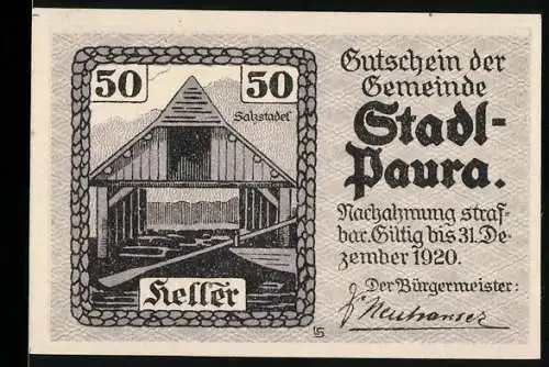 Notgeld Stadl-Paura 1920, 50 Heller, Salzstadel-Motiv