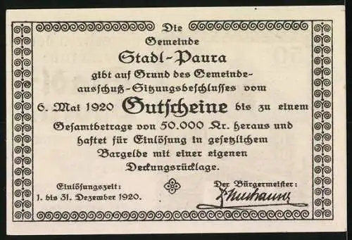 Notgeld Stadl-Paura 1920, 50 Heller, Salzstadel-Motiv