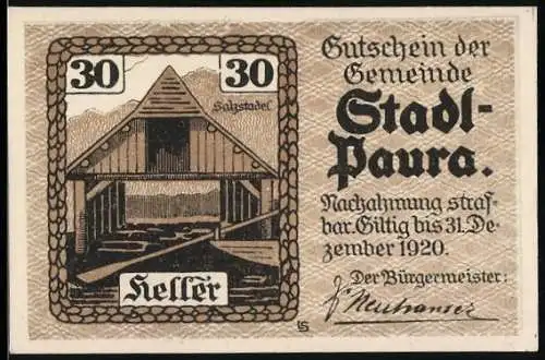 Notgeld Stadl-Paura 1920, 30 Heller, Holzhütte und Landschaftsmotiv