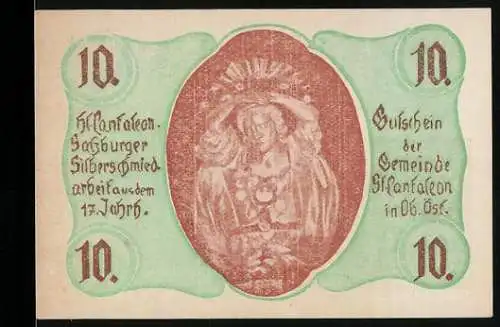 Notgeld St. Pantaleon, 10 Heller, Silberschmied-Arbeit und Landschaftsmotiv