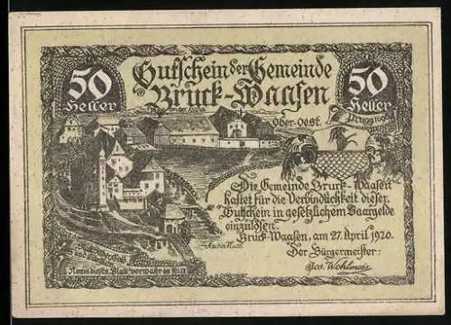 Notgeld Bruck-Waasen 1920, 50 Heller, Stadtansicht mit Fluss und Gebäuden