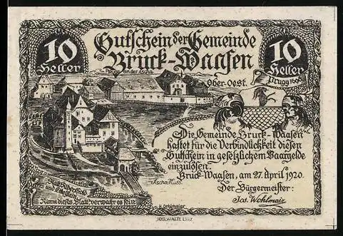 Notgeld Bruck-Waasen 1920, 10 Heller, Stadtansicht mit Fluss und Brücke