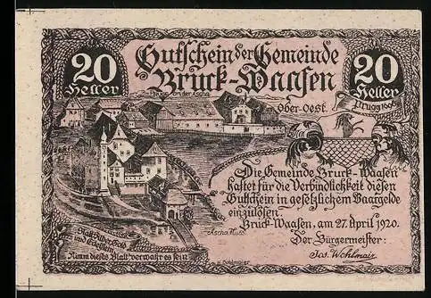 Notgeld Bruck-Waasen 1920, 20 Heller, Stadtansicht mit Schriftzug und Dekorationsrahmen