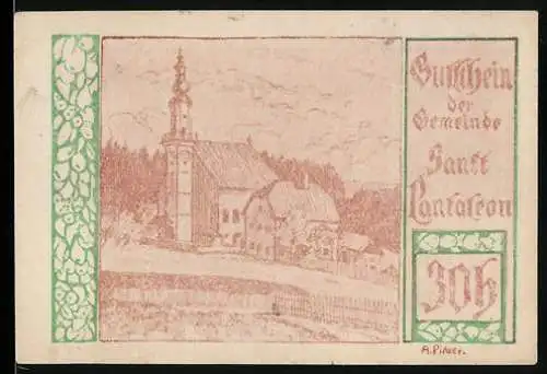 Notgeld St. Pantaleon, 30 Heller, Kirche und Landschaftsmotiv, mit dekorativem Rahmen