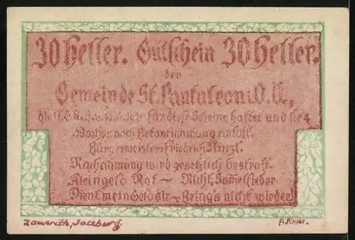 Notgeld St. Pantaleon, 30 Heller, Kirche und Landschaftsmotiv, mit dekorativem Rahmen