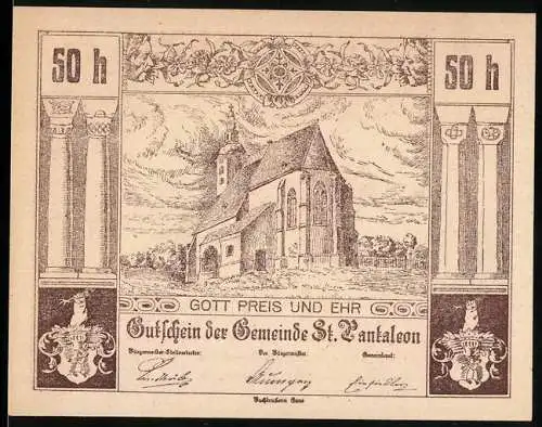 Notgeld St. Pantaleon 1920, 50 Heller, Kirche und Ritter auf Pferd, Wappen und Inschriften