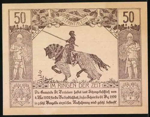 Notgeld St. Pantaleon 1920, 50 Heller, Kirche und Ritter auf Pferd, Wappen und Inschriften