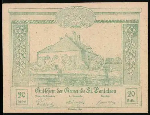 Notgeld St. Pantaleon 1920, 20 Heller, Gebäude und Kruzifix mit Figurenrelief