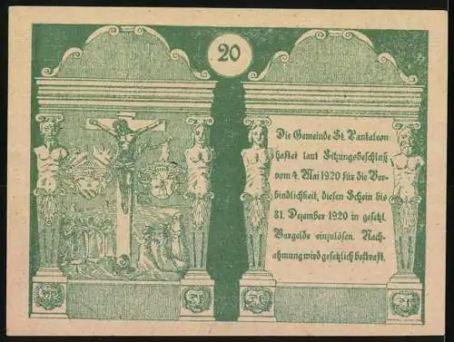 Notgeld St. Pantaleon 1920, 20 Heller, Gebäude und Kruzifix mit Figurenrelief