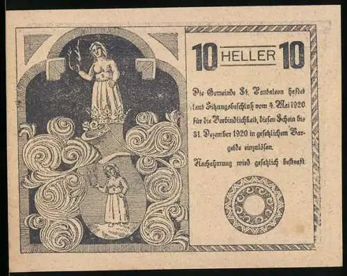 Notgeld St. Pantaleon 1920, 10 Heller, Frauen mit Flammen und Wappen mit Schwert und Schlüssel