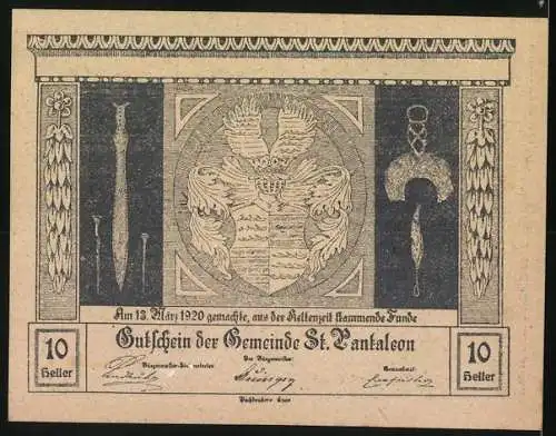 Notgeld St. Pantaleon 1920, 10 Heller, Frauen mit Flammen und Wappen mit Schwert und Schlüssel