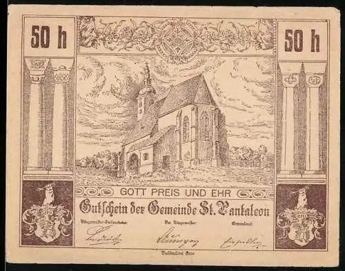 Notgeld St. Pantaleon 1920, 50 Heller, Kirche und Ritter auf Pferd, Wappen und Inschriften