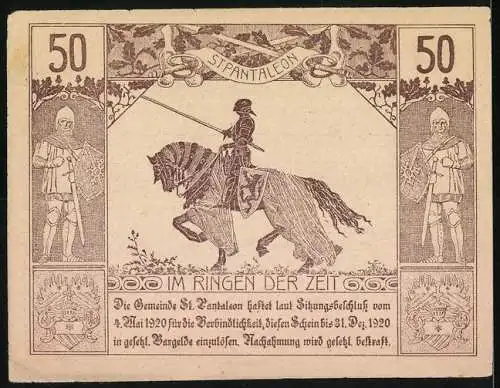 Notgeld St. Pantaleon 1920, 50 Heller, Kirche und Ritter auf Pferd, Wappen und Inschriften