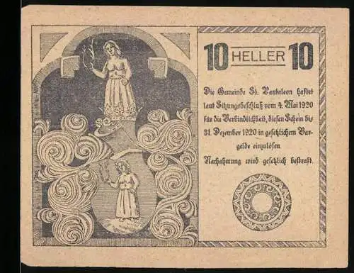 Notgeld St. Pantaleon 1920, 10 Heller, Heilige Figur und Wappen, mit Ornamenten und Text