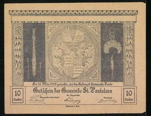 Notgeld St. Pantaleon 1920, 10 Heller, Heilige Figur und Wappen, mit Ornamenten und Text