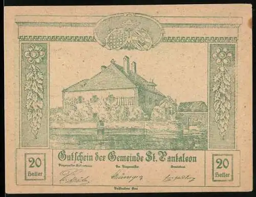 Notgeld St. Pantaleon 1920, 20 Heller, Gebäude und religiöse Motive, Wappen oben