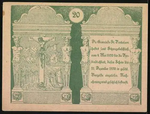 Notgeld St. Pantaleon 1920, 20 Heller, Gebäude und religiöse Motive, Wappen oben