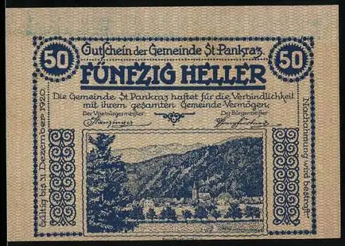 Notgeld St. Pankraz 1920, 50 Heller, Landschaft und Bauer mit Pflugmotiv