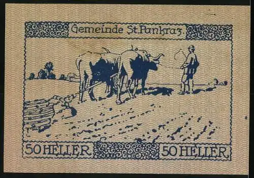 Notgeld St. Pankraz 1920, 50 Heller, Landschaft und Bauer mit Pflugmotiv