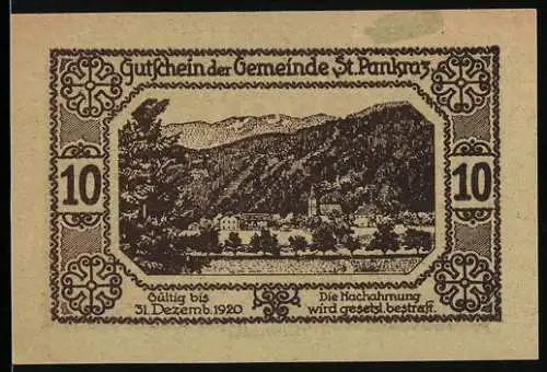 Notgeld St. Pankraz 1920, 10 Heller, Berglandschaft und Brücke, gültig bis 31. Dezember 1920