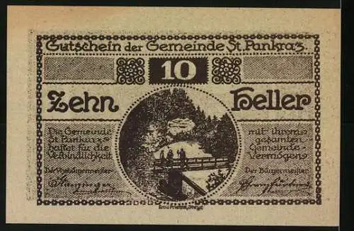 Notgeld St. Pankraz 1920, 10 Heller, Berglandschaft und Brücke, gültig bis 31. Dezember 1920