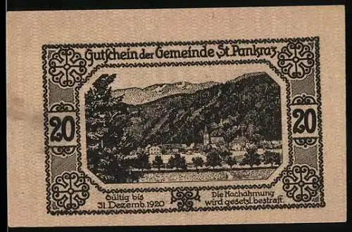 Notgeld St. Pankraz 1920, 20 Heller, Landschaft mit Dorf und Brücke im Wald