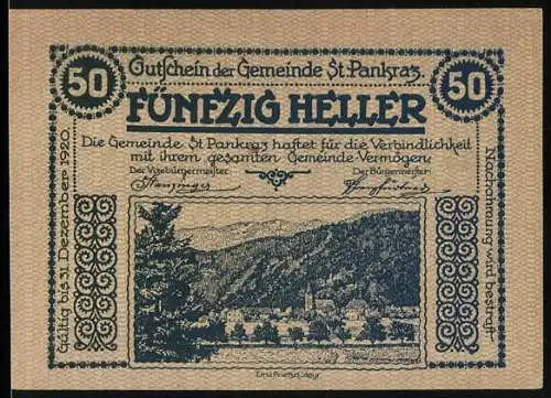 Notgeld St. Pankraz, 50 Heller, Dorflandschaft und Pflügender Bauer mit Ochsen