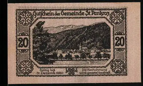 Notgeld St. Pankraz 1920, 20 Heller, Berglandschaft und Brücke mit Wanderern