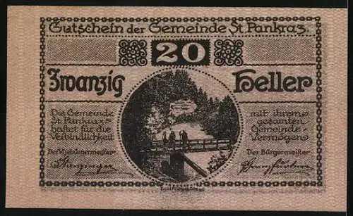 Notgeld St. Pankraz 1920, 20 Heller, Berglandschaft und Brücke mit Wanderern