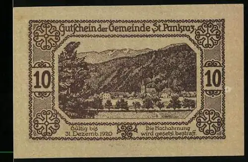 Notgeld St. Pankraz 1920, 10 Heller, Landschaft und Brücke mit Wanderern