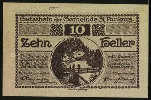 Notgeld St. Pankraz 1920, 10 Heller, Landschaft und Brücke mit Wanderern