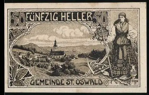 Notgeld St. Oswald 1920, 50 Heller, Landschaft mit Kirche und Bäuerin mit Sensenmotiv