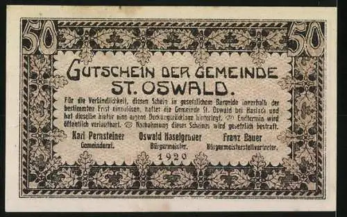 Notgeld St. Oswald 1920, 50 Heller, Landschaft mit Kirche und Bäuerin mit Sensenmotiv