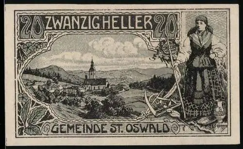 Notgeld St. Oswald 1920, 20 Heller, Landschaft mit Kirche und Bäuerin mit Sense und Spinnrad