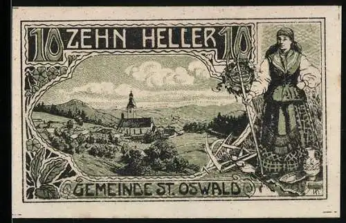 Notgeld St. Oswald 1920, 10 Heller, Dorfansicht mit Frau in Tracht und landwirtschaftlichen Geräten