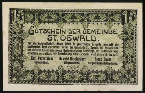 Notgeld St. Oswald 1920, 10 Heller, Dorfansicht mit Frau in Tracht und landwirtschaftlichen Geräten